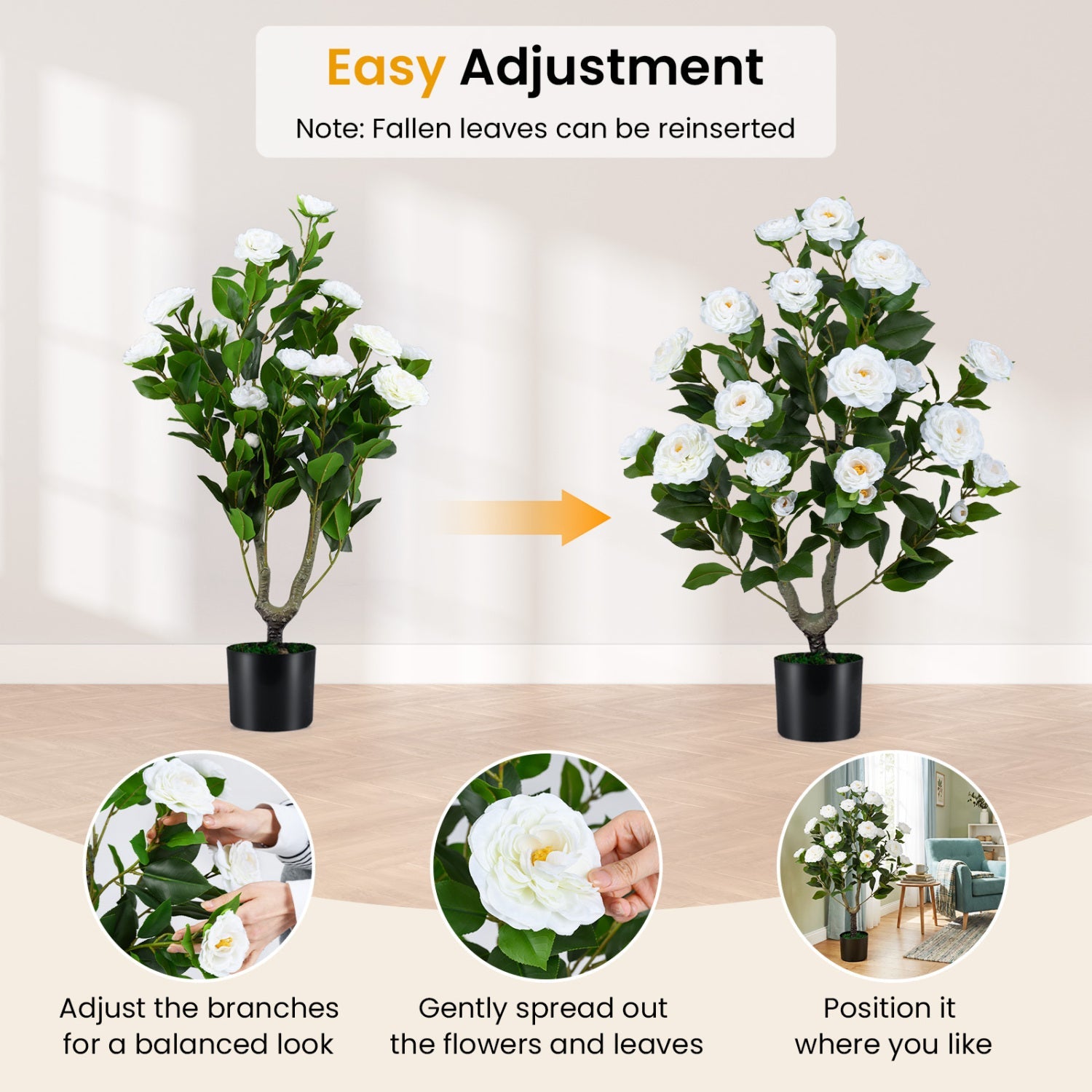 Artificial Camellia Tree in Cement Pot 35.5" Faux Flower Plant