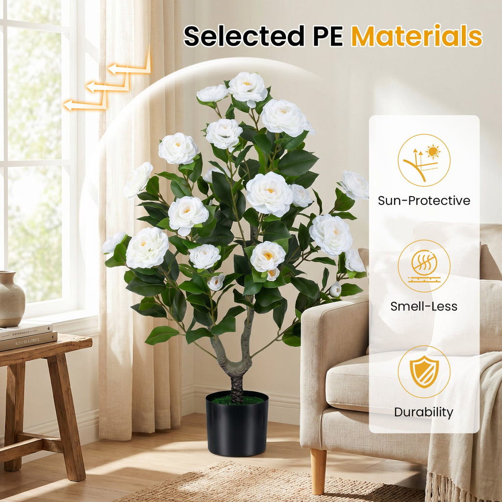 Artificial Camellia Tree in Cement Pot 35.5" Faux Flower Plant