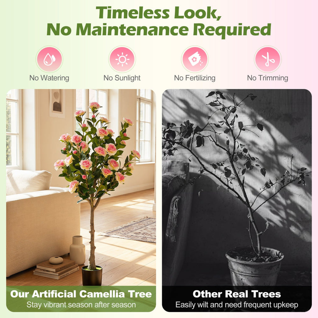 Artificial Camellia Tree with 27 Blossoms in Cement Pot