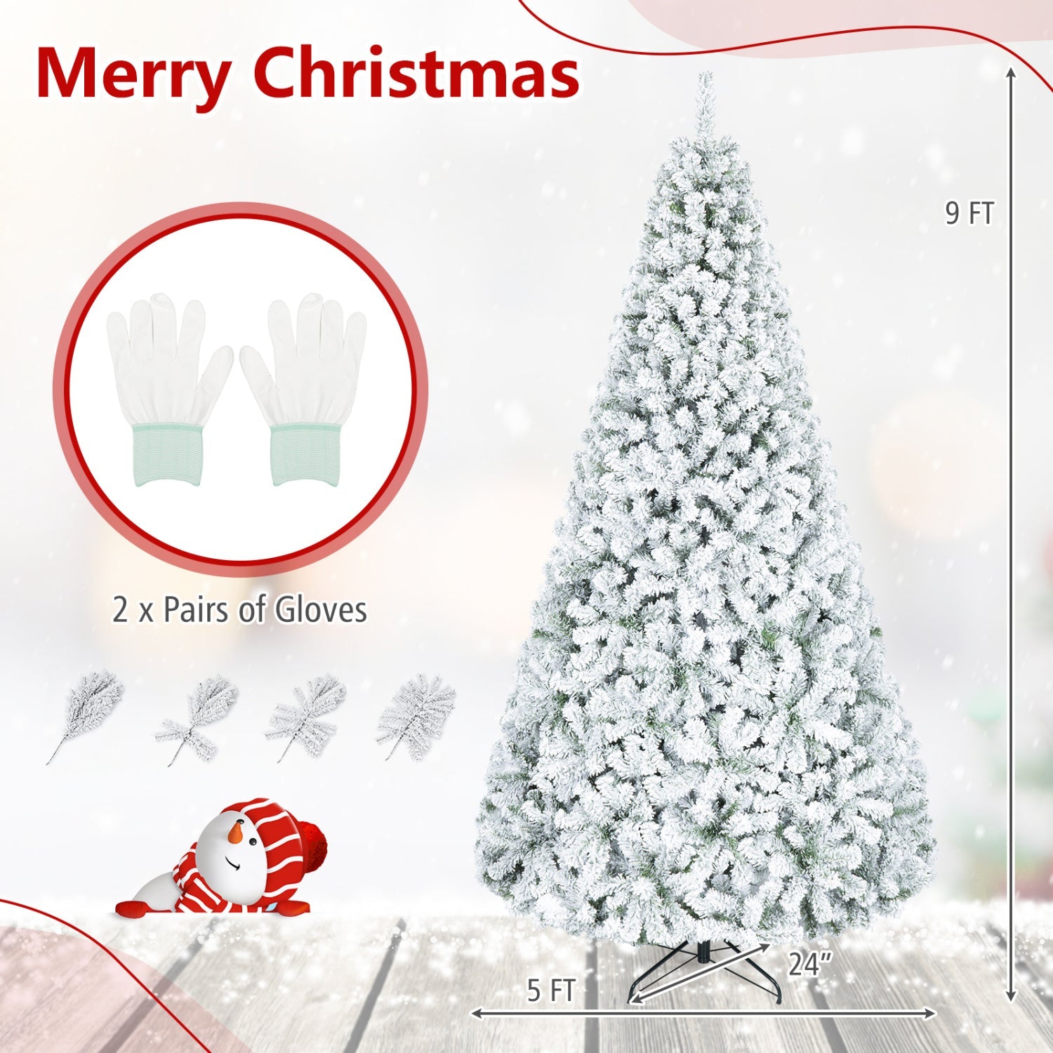 Snow-Flocked Artificial Christmas Tree 9 ft with Metal Stand