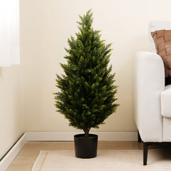 3 Feet Artificial Topiary Cedar Tree with Cement Plastic Pot and Faux Moss-Green
