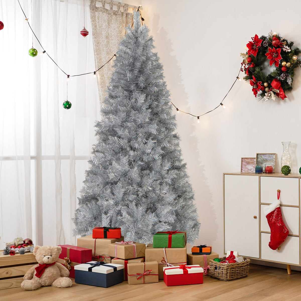 Artificial Xmas Tree with Branch Tips and Warm White LED Lights-7FT