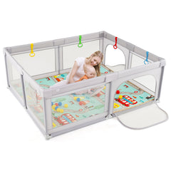 Baby Playpen with Mat and Breathable Mesh-Gray