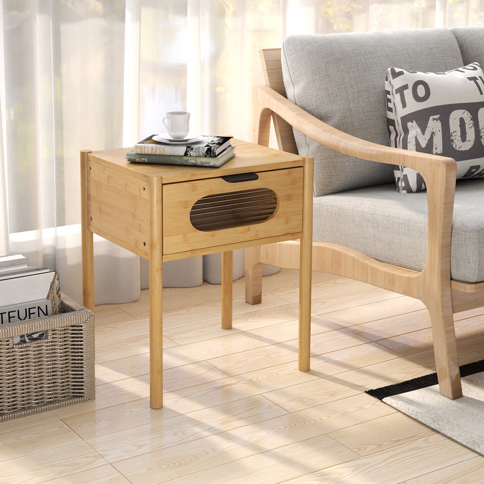 Bamboo Nightstand Square Tall End Table with Decorated Drawer-Natural