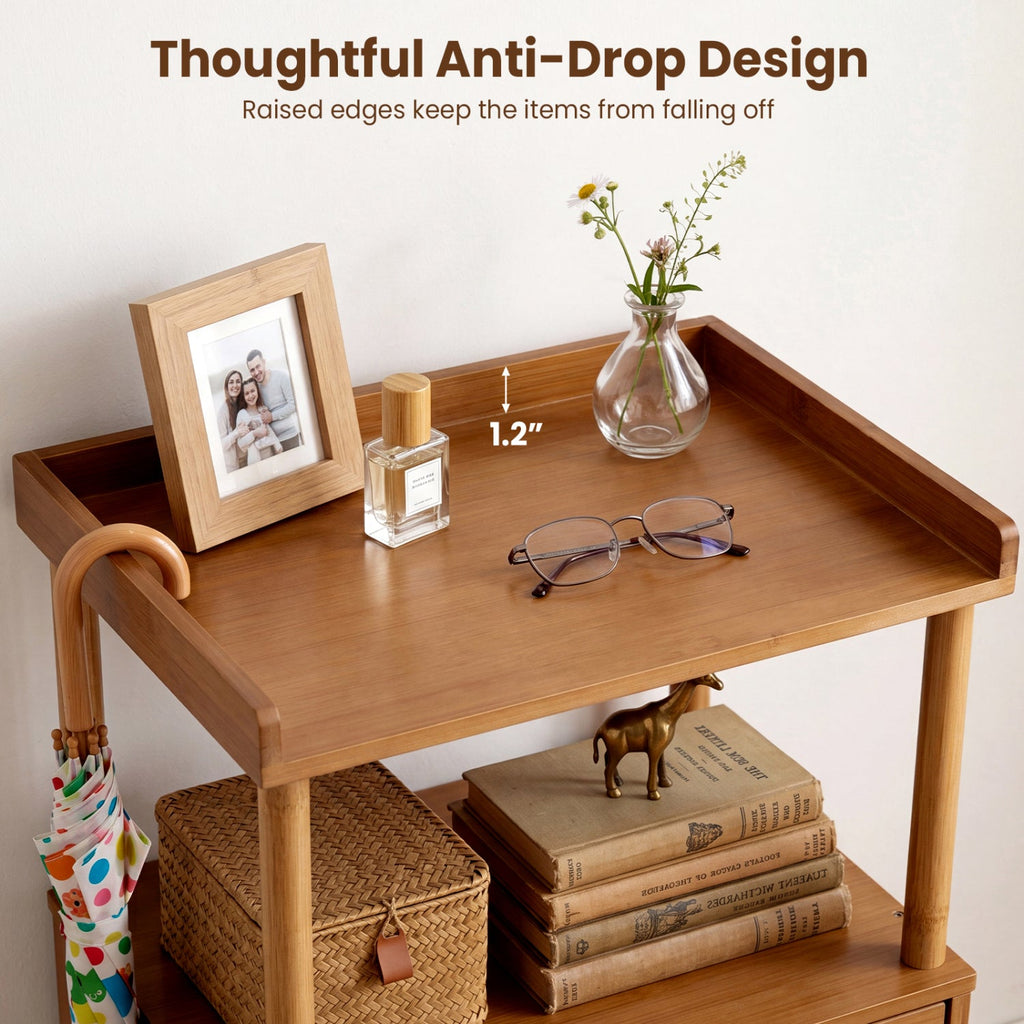 Bamboo Rattan Nightstand with Flip-Up Door and Open Shelf