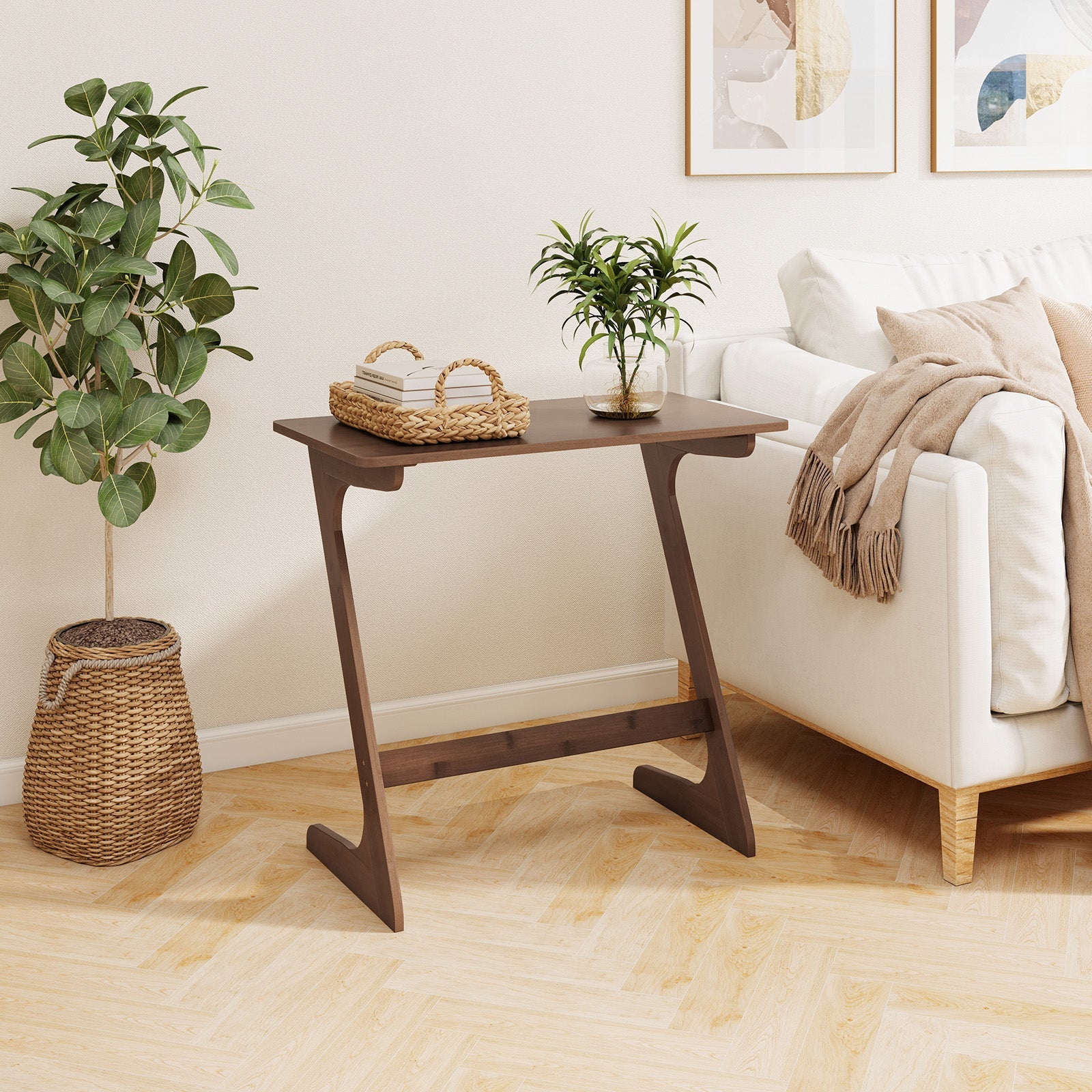 Bamboo Z-Shaped Spacious Sofa Side Table with Space-Saving Tabletop-Brown