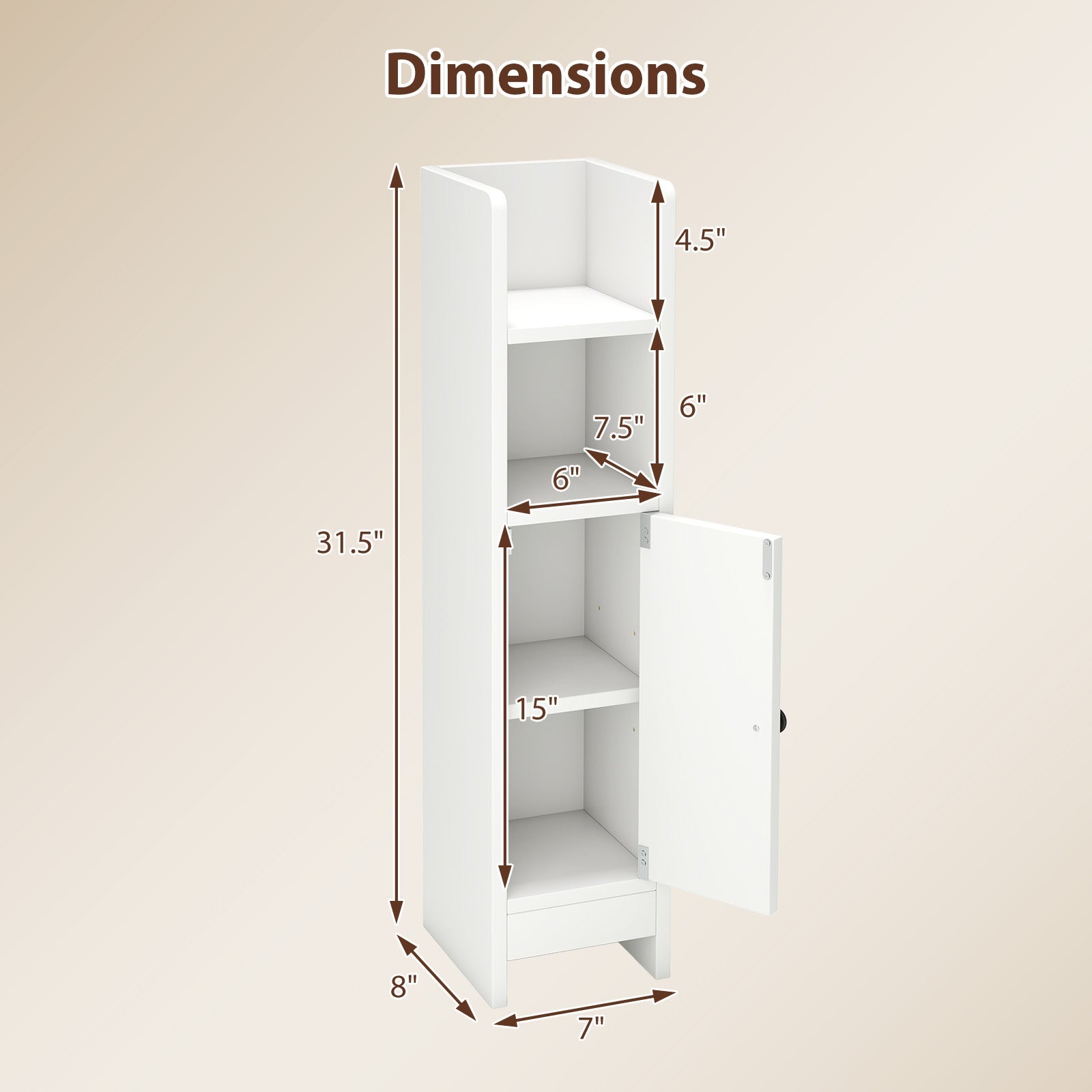 Bathroom Slim Cabinet Corner with Door and Adjustable Shelf-White