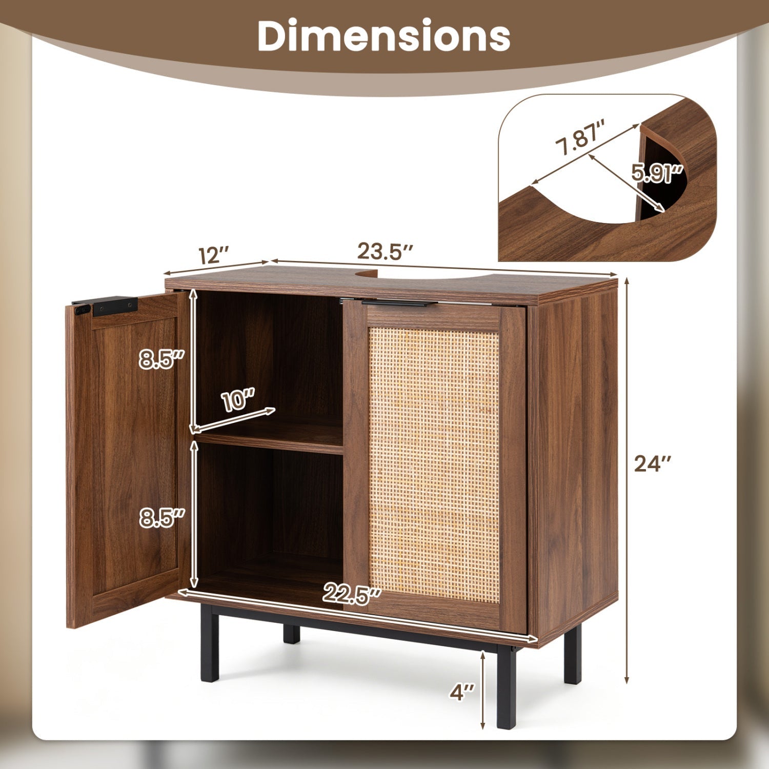 Bathroom Vanity Cabinet with Rattan Doors and U-Shaped Cut-Out
