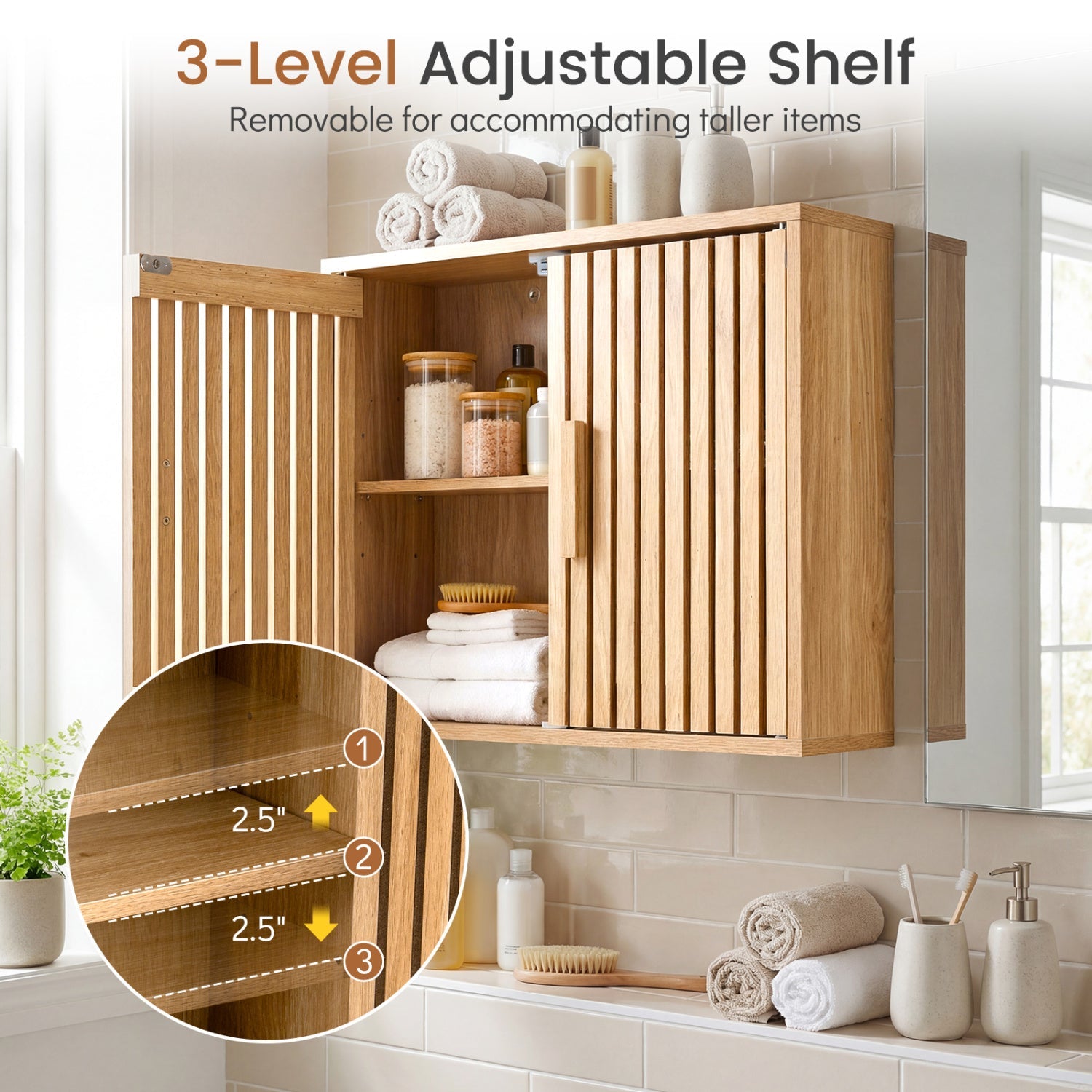 Bathroom Wall Cabinet with 2 Slatted Doors and 3-Level Adjustable Shelves