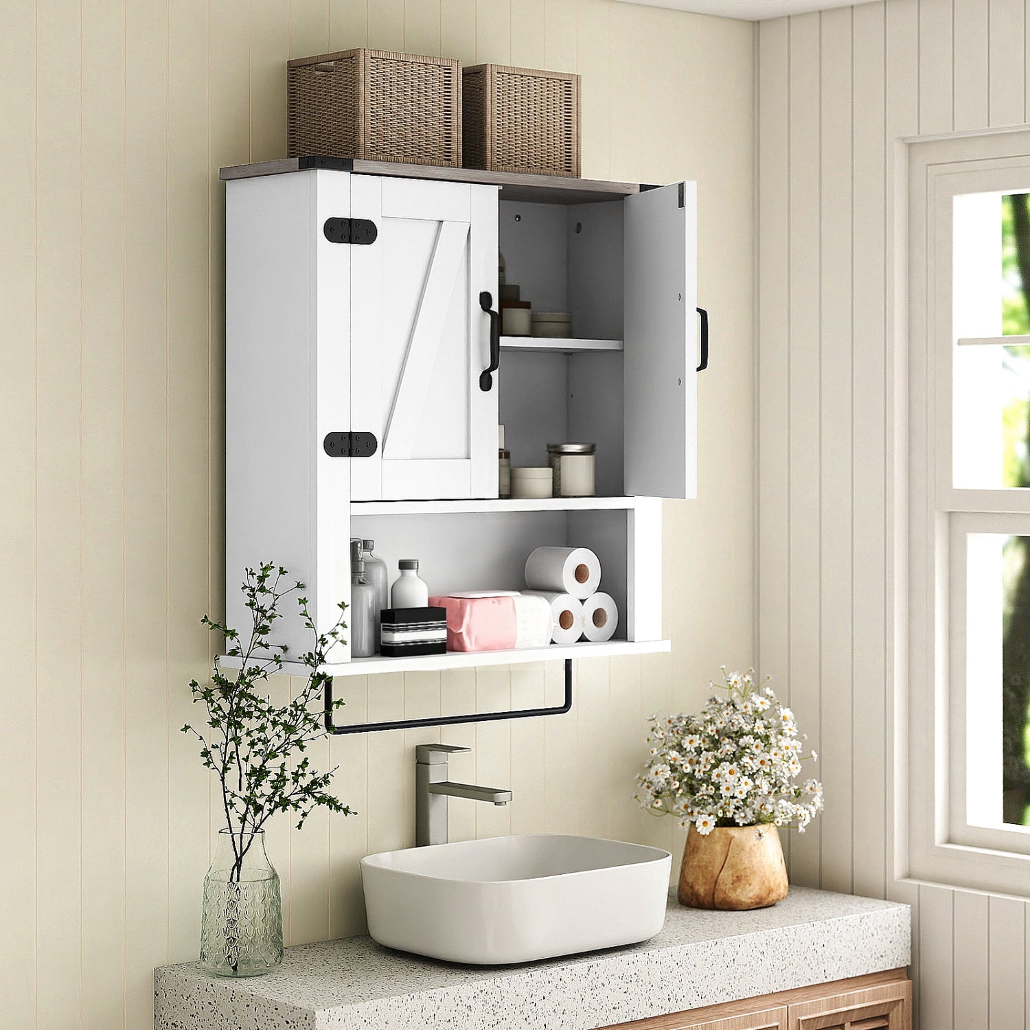 Farmhouse Bathroom Wall Cabinet with Towel Bar - White