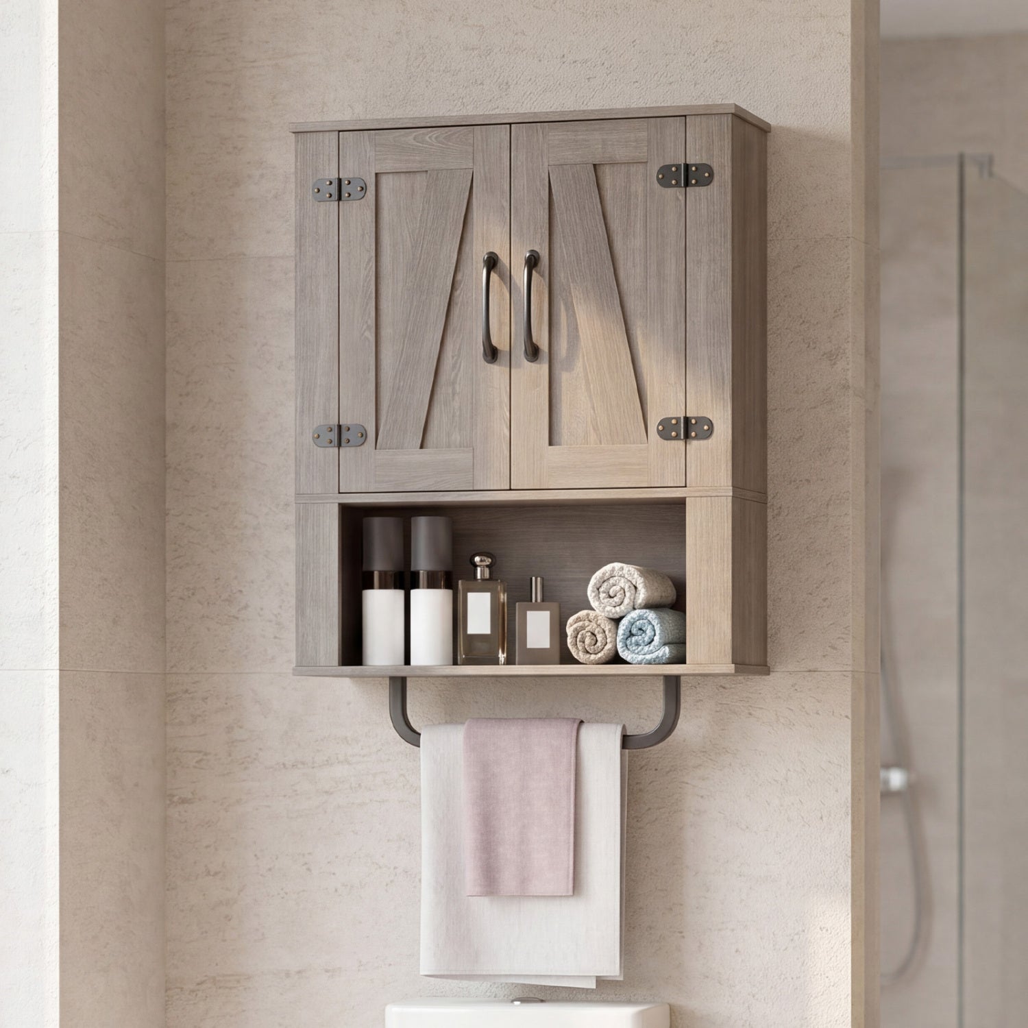 Bathroom Wall Cabinet with Barn Doors and Towel Bar