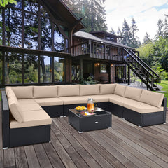 10 Piece Outdoor Wicker Conversation Set with Seat and Back Cushions