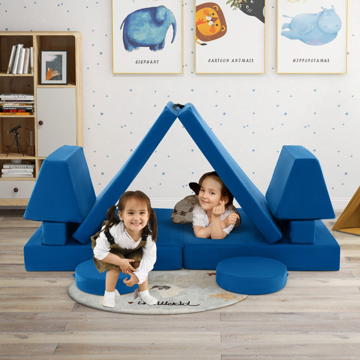 10-Piece Kids Play Couch Sofa with Portable Handle-Blue