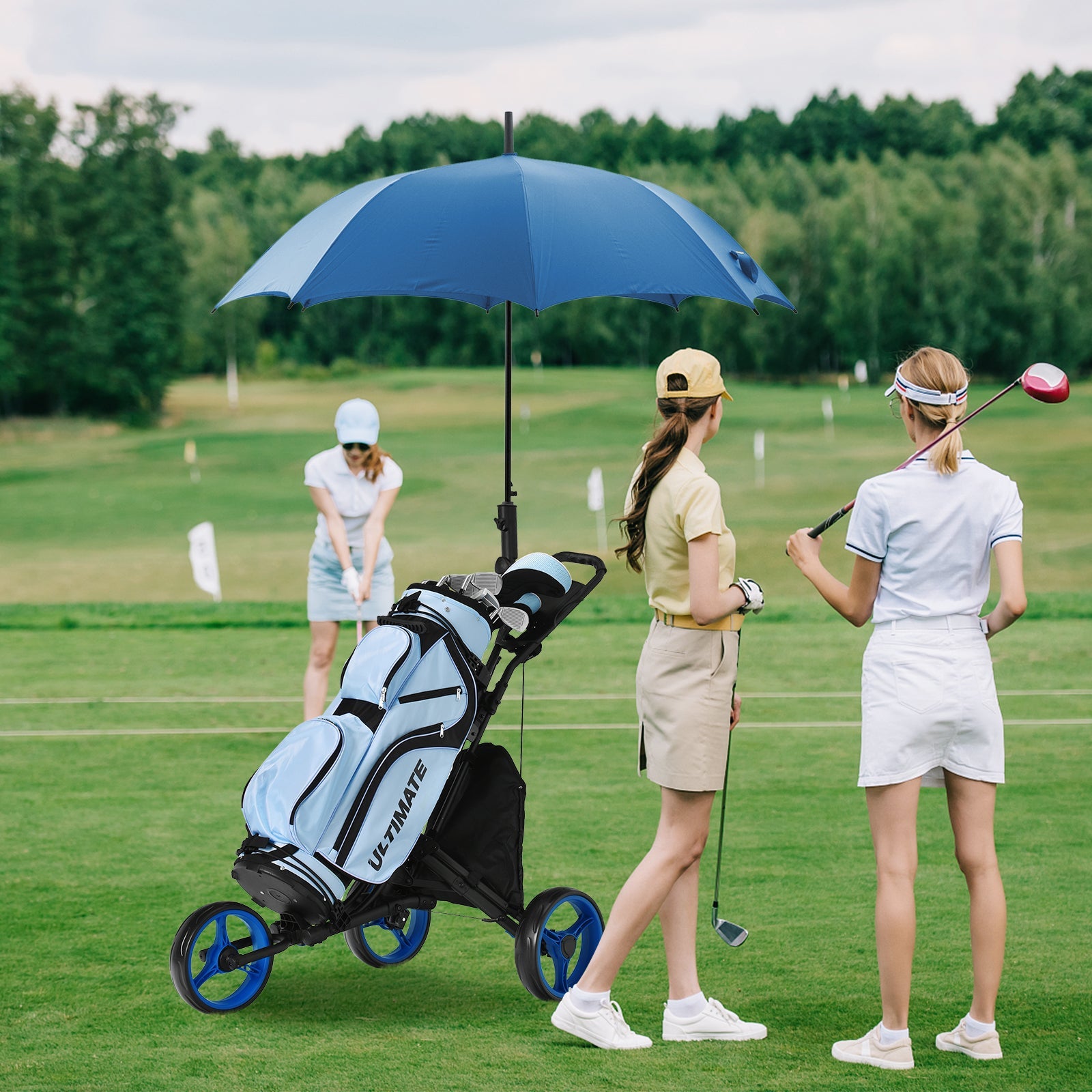 Folding 3 Wheels Golf Push Cart with Bag Scoreboard Adjustable Handle-Blue