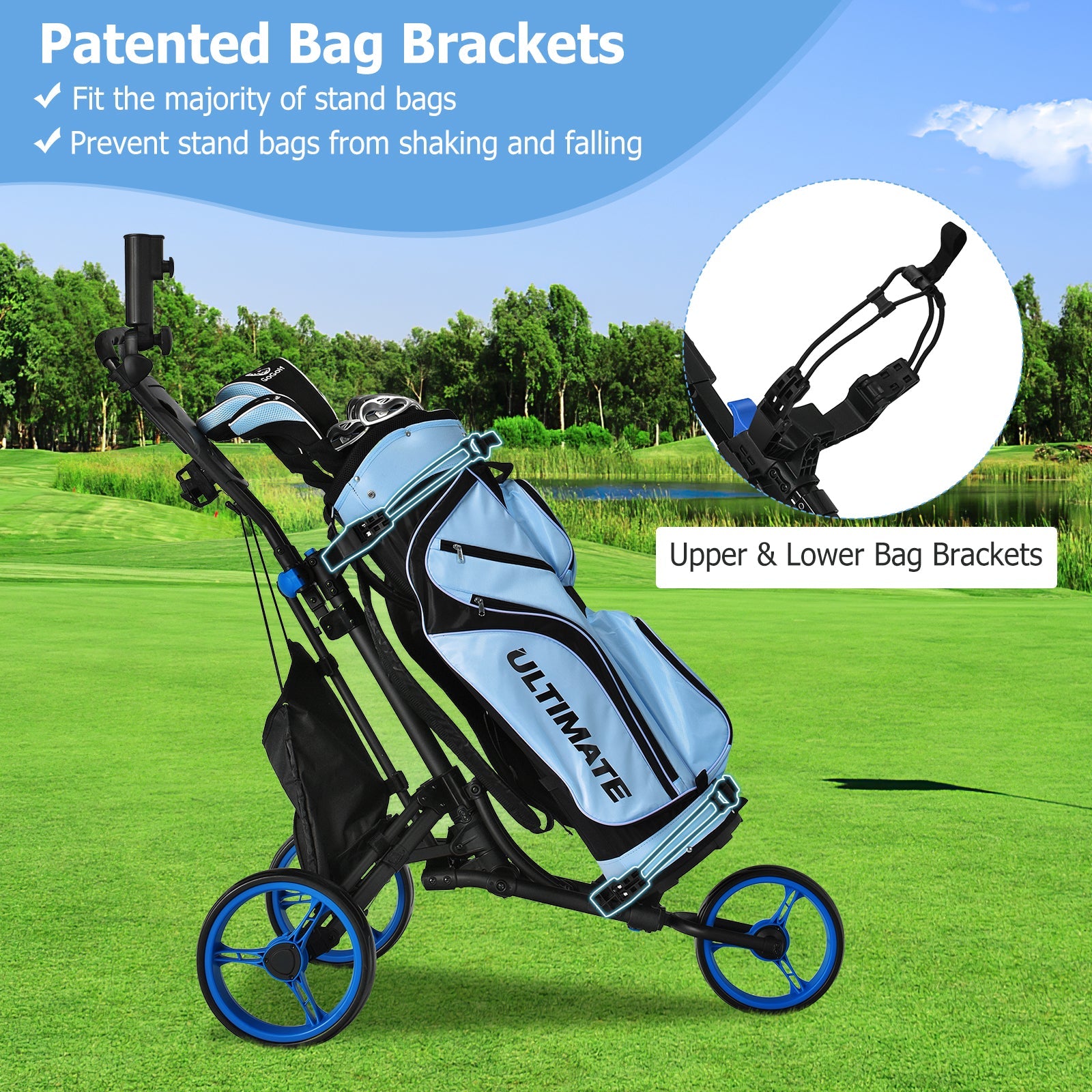 Folding 3 Wheels Golf Push Cart with Bag Scoreboard Adjustable Handle-Blue