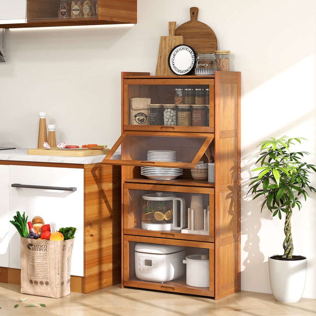 4-Tier Bamboo Bookcase with Doors for Study Room Living Room-Brown