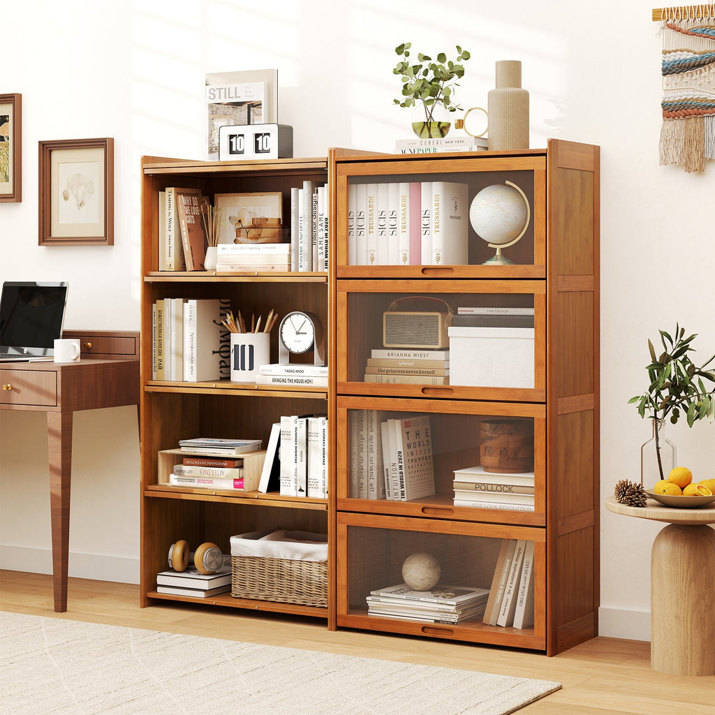 4-Tier Bamboo Bookcase with Doors for Study Room Living Room-Brown