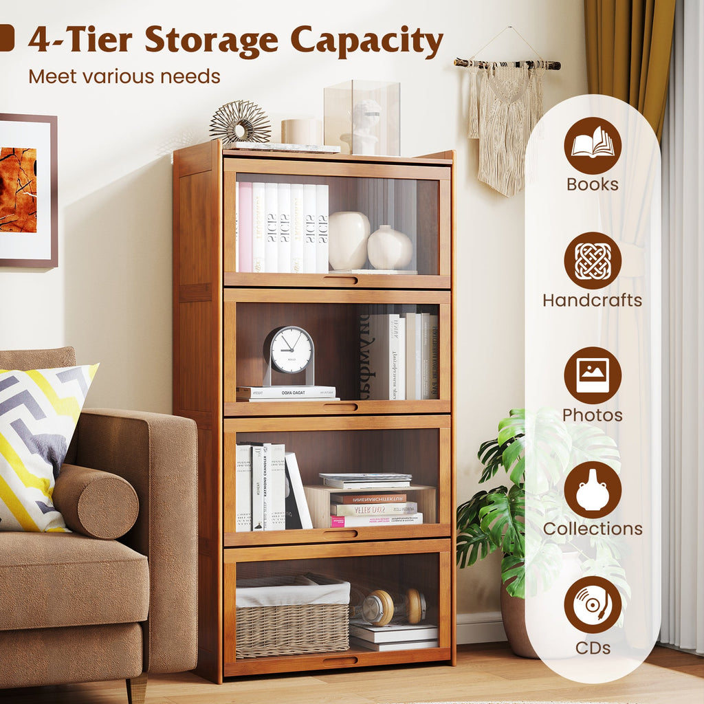 4-Tier Bamboo Bookcase with Doors for Study Room Living Room-Brown