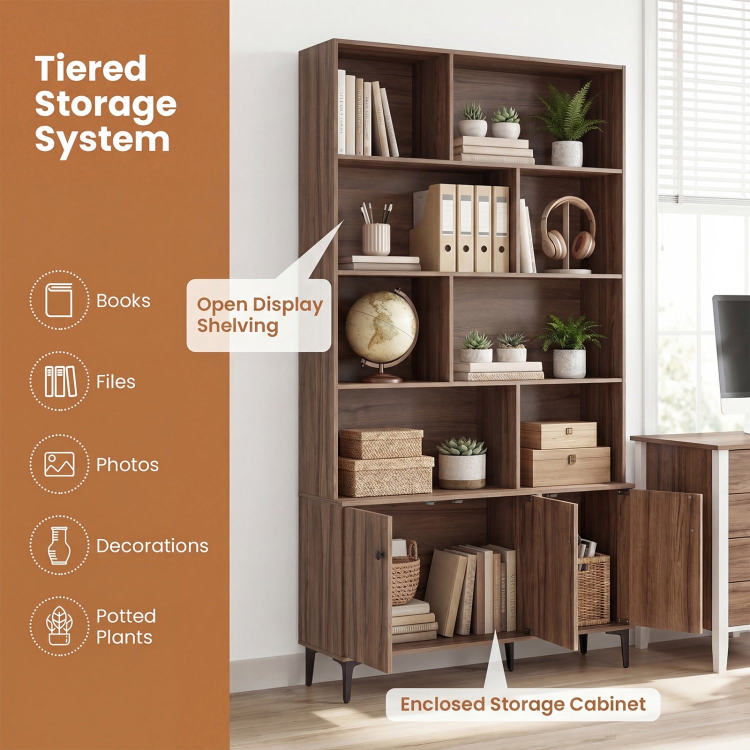 Bookshelf with 3 Doors and 2 Anti-Tipping Kits for Home Office