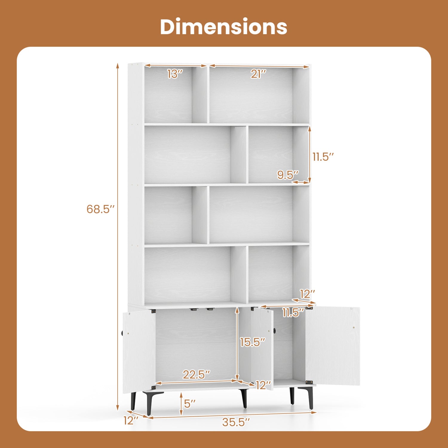 Bookshelf with 3 Doors and 2 Anti-Tipping Kits for Home Office