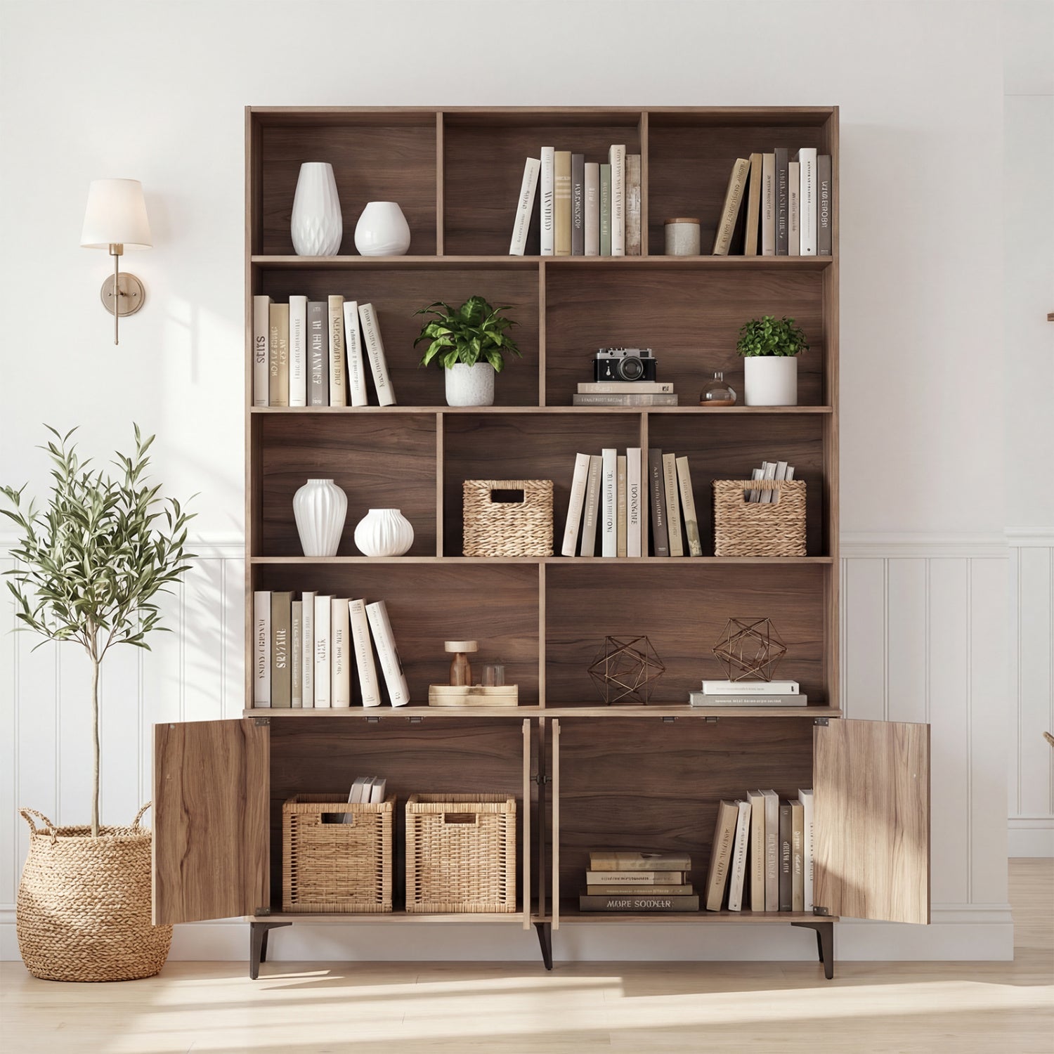 Bookshelf with 4 Doors and 2 Anti-Tipping Kits for Home Office