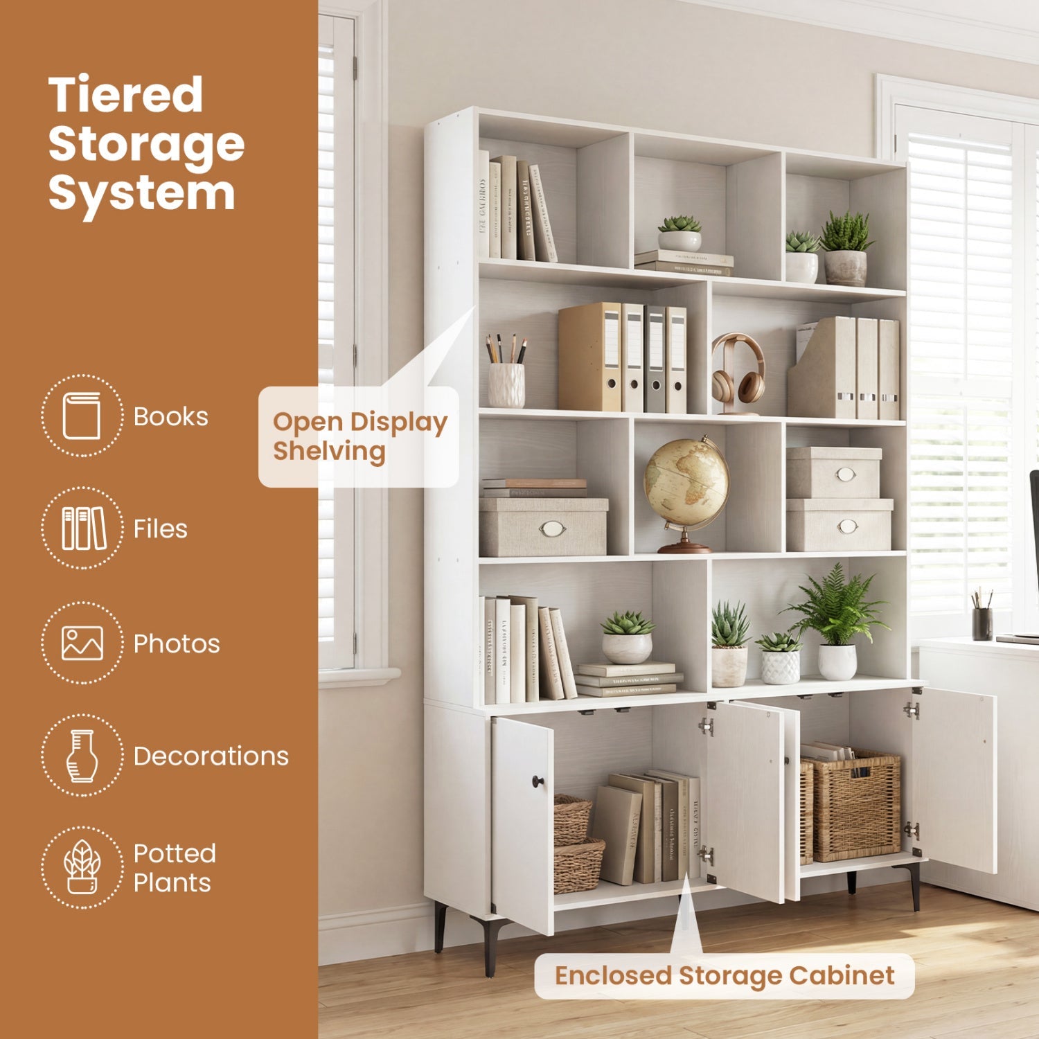 Bookshelf with 4 Doors and 2 Anti-Tipping Kits for Home Office