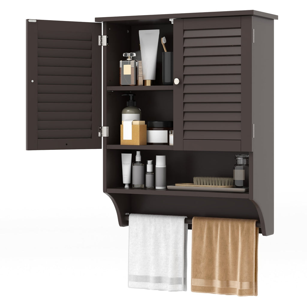 2-Doors Bathroom Wall-Mounted Medicine Cabinet with Towel Bar-Brown