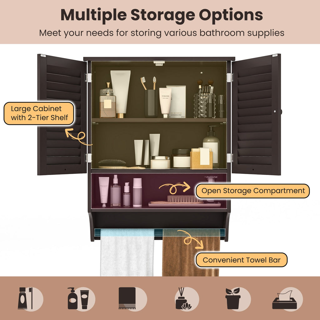 2-Doors Bathroom Wall-Mounted Medicine Cabinet with Towel Bar-Brown