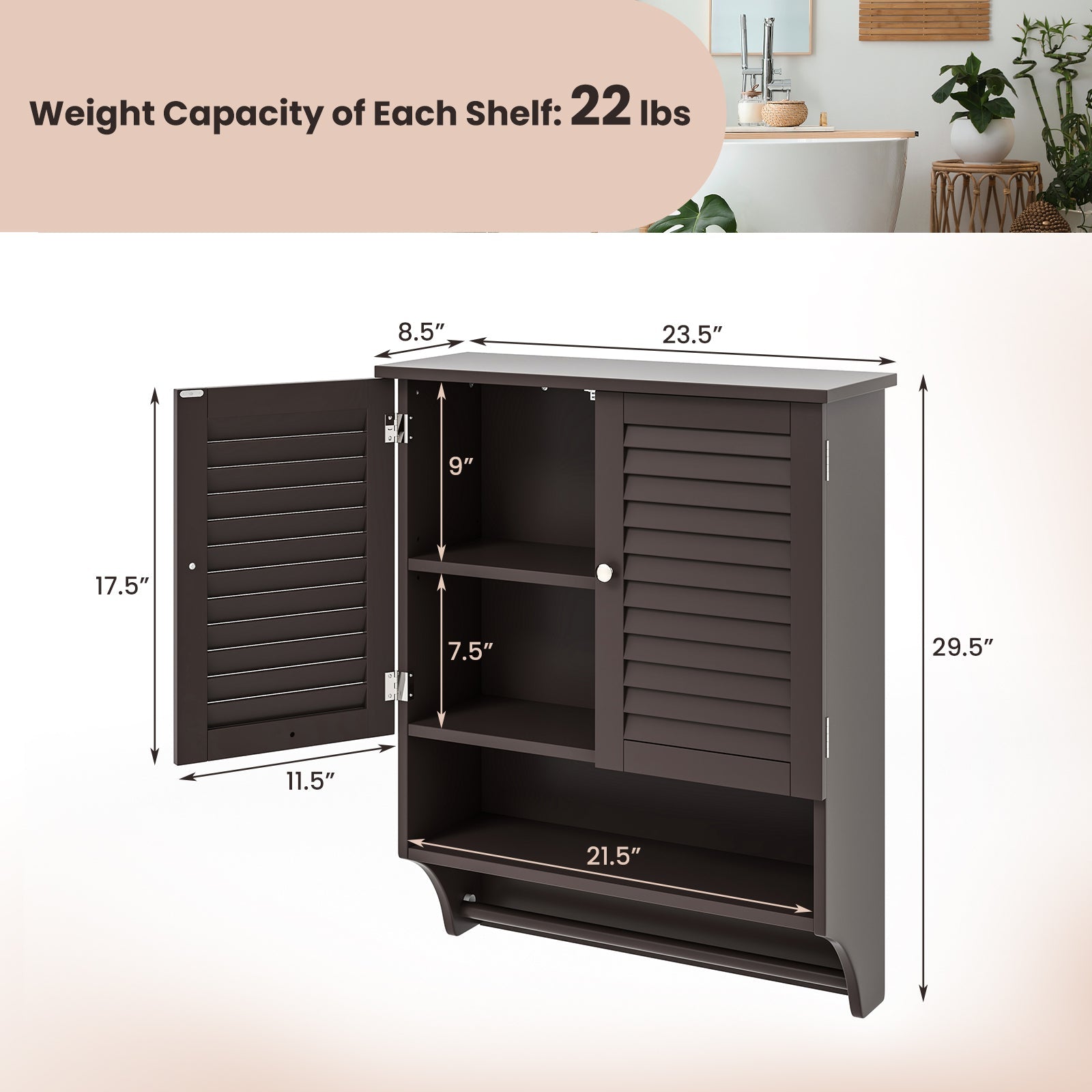 2-Doors Bathroom Wall-Mounted Medicine Cabinet with Towel Bar-Brown
