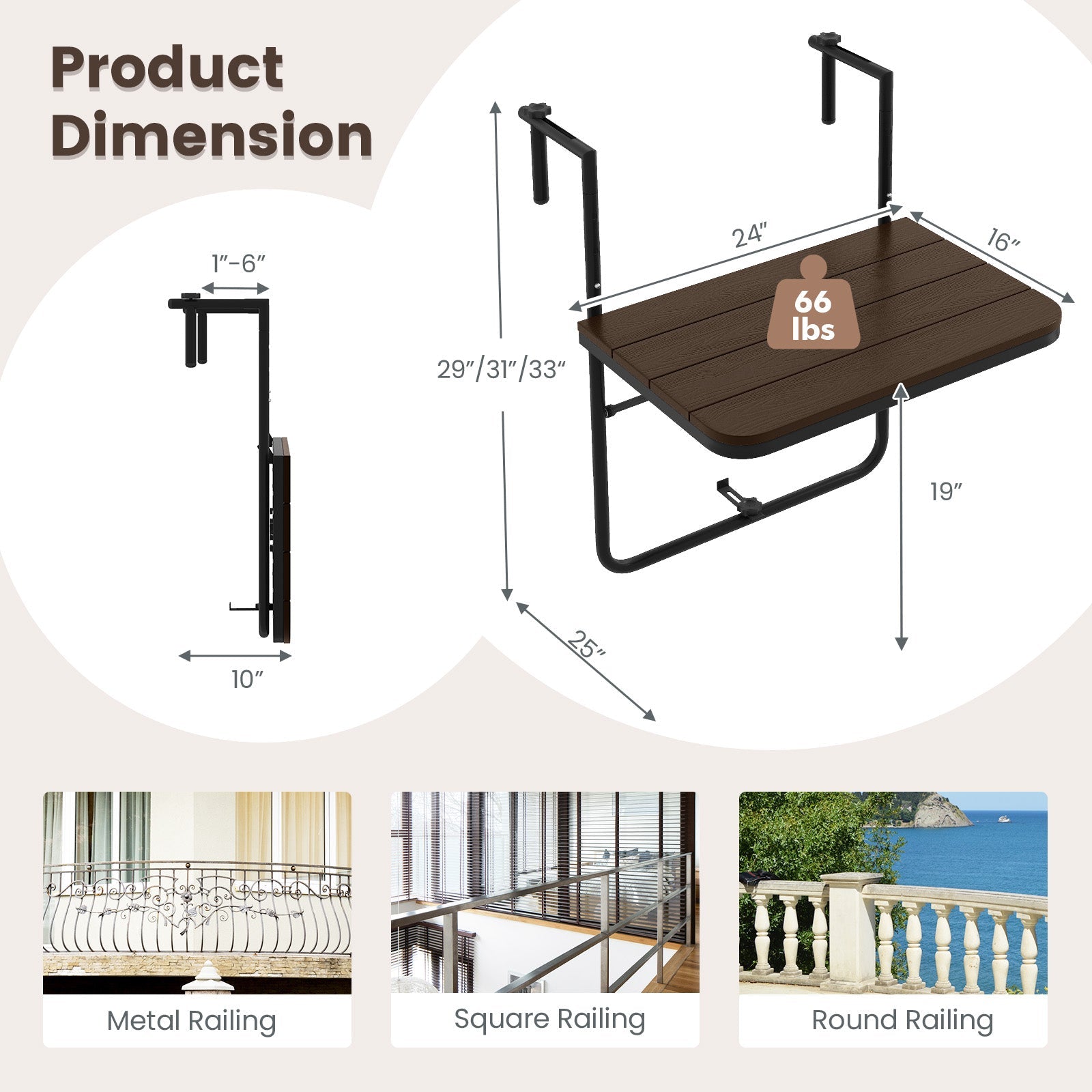 Folding Hanging Table with 3-Level Adjustable Height for Patio Balcony-Coffee