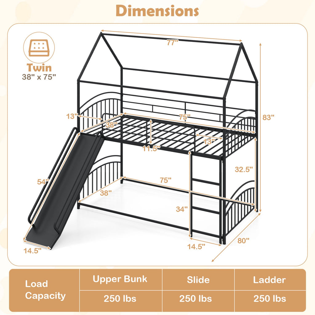 Bunk Bed Twin Over Twin House Bunk Bed Frame with Metal Slats