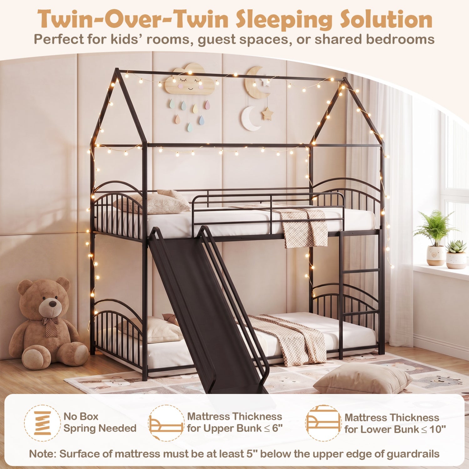 Bunk Bed Twin Over Twin House Bunk Bed Frame with Metal Slats