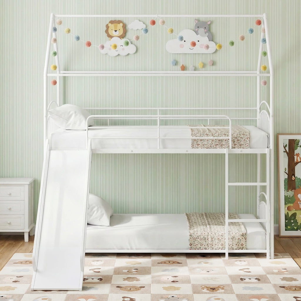 Bunk Bed Twin Over Twin House Bunk Bed Frame with Metal Slats