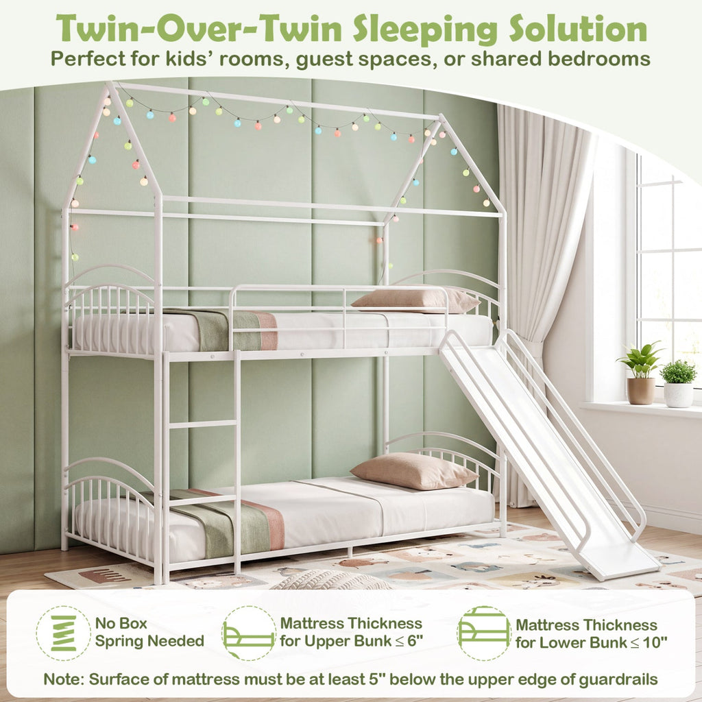 Bunk Bed Twin Over Twin House Bunk Bed Frame with Metal Slats