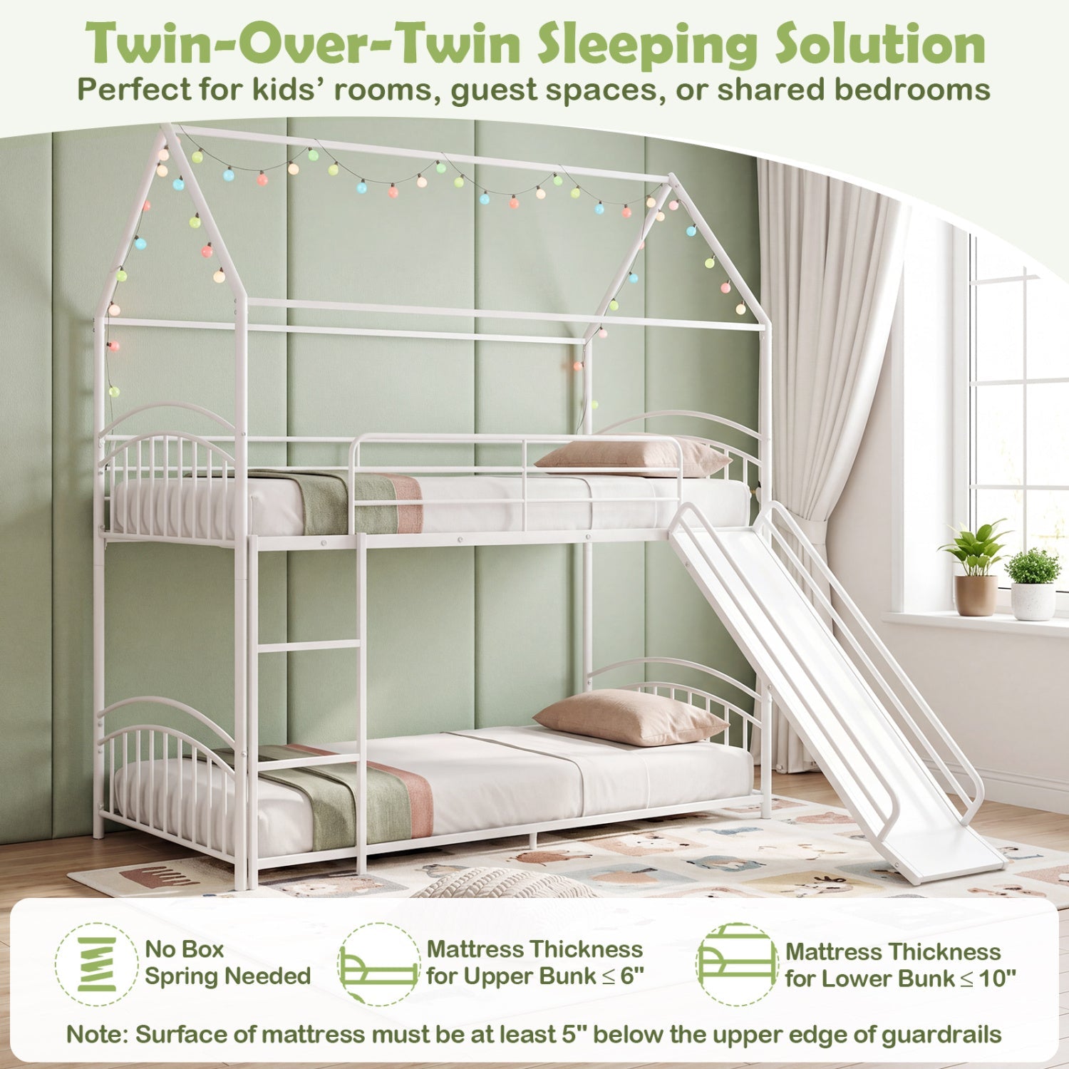 Bunk Bed Twin Over Twin House Bunk Bed Frame with Metal Slats