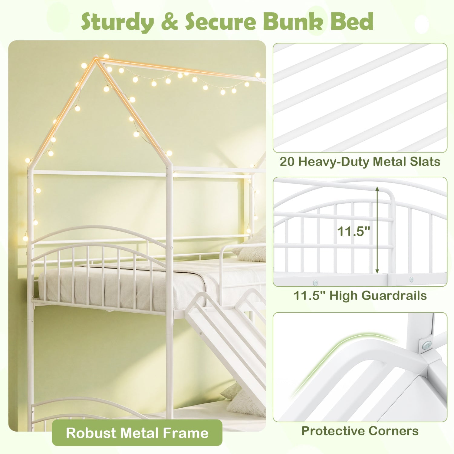 Bunk Bed Twin Over Twin House Bunk Bed Frame with Metal Slats