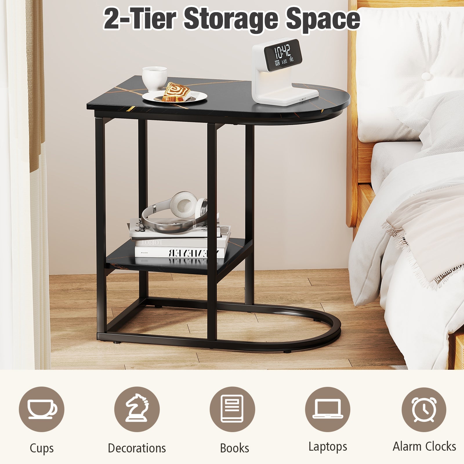 C-shaped Modern Sofa Side Table with Faux Marble Tabletop and Storage Shelf-Black