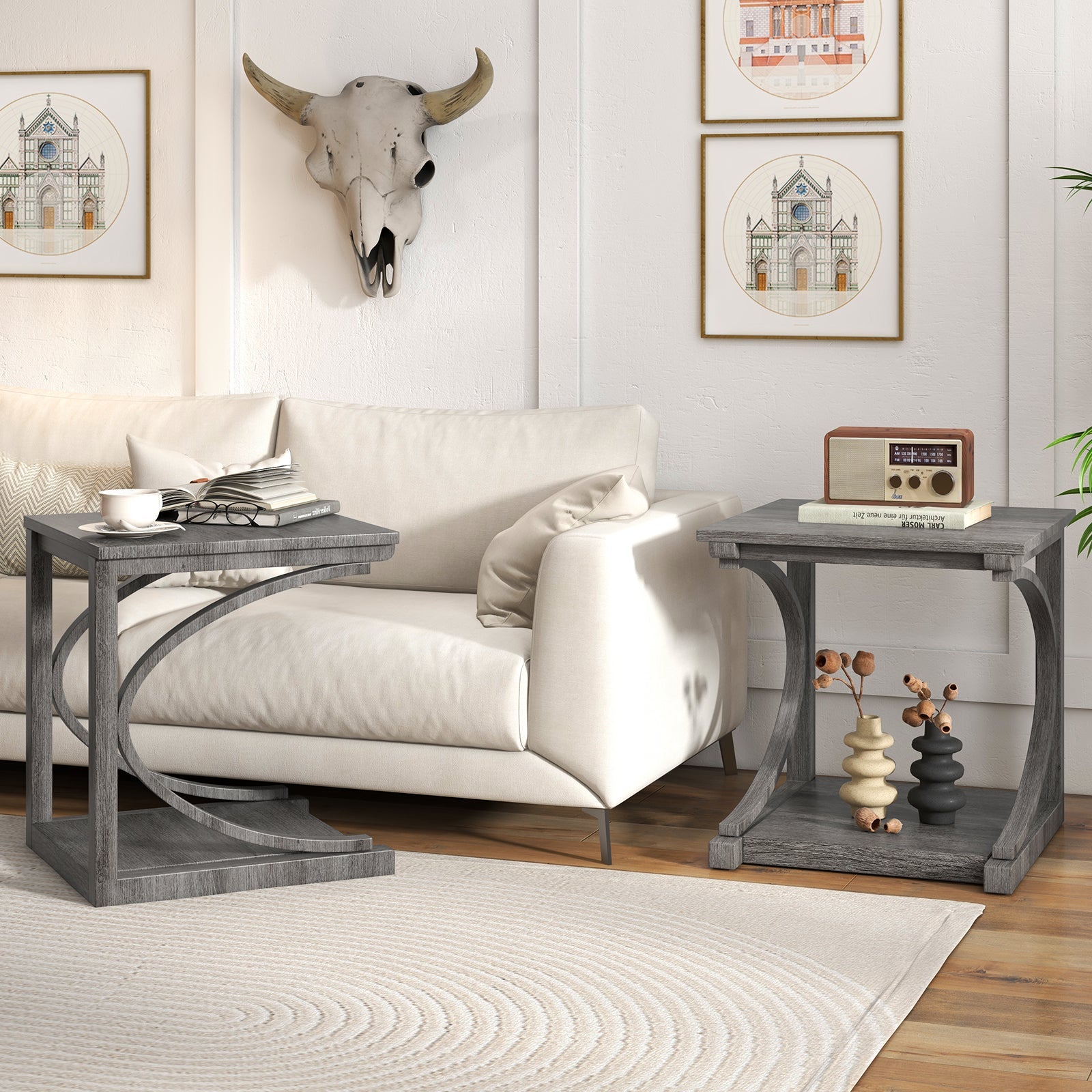 C-shaped 24 Inch 2 Tier Square End Table Sofa Side Table-Grey