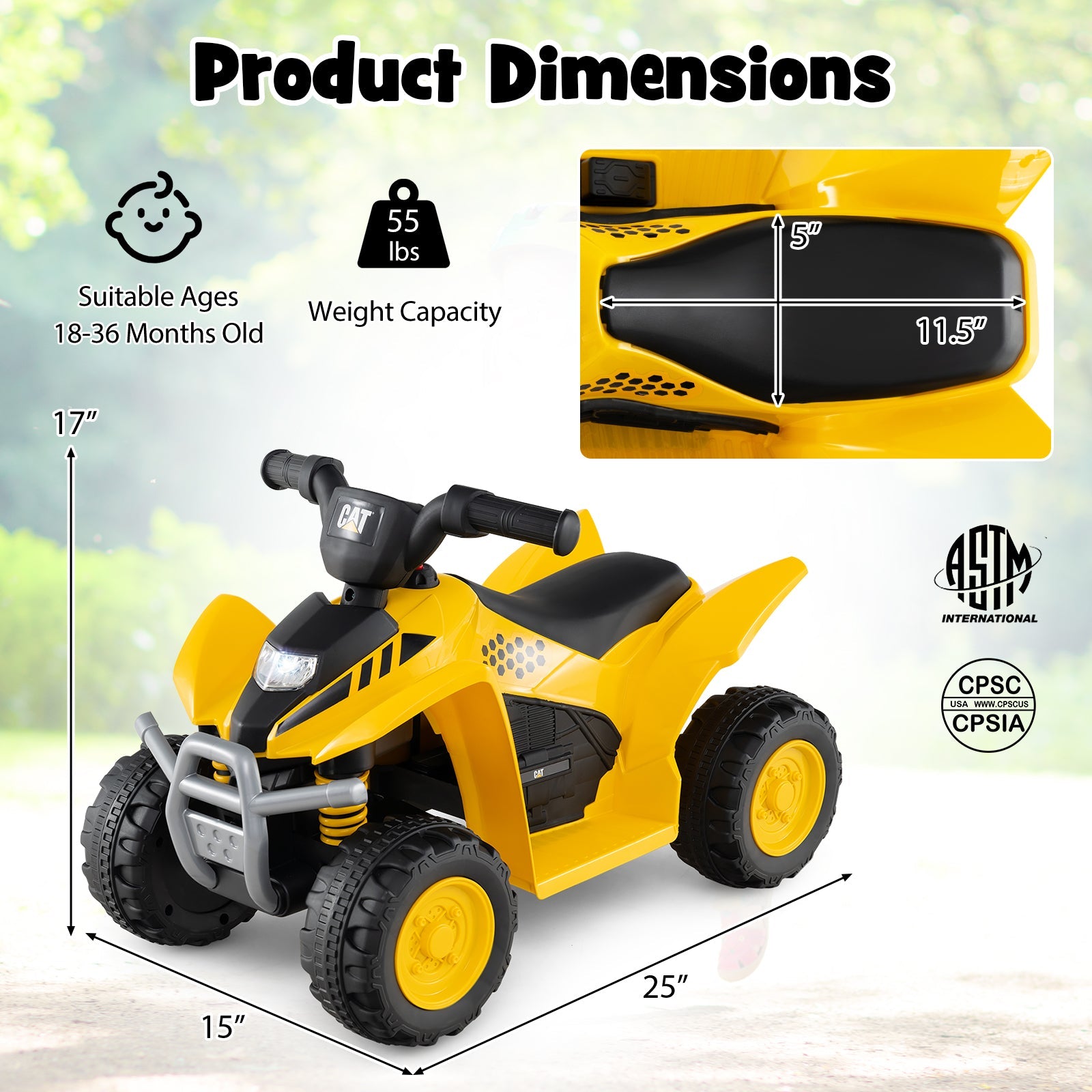 6V Kids Ride on ATV CAT-Licensed with Horn Sound for 18-36 Months Old-Yellow