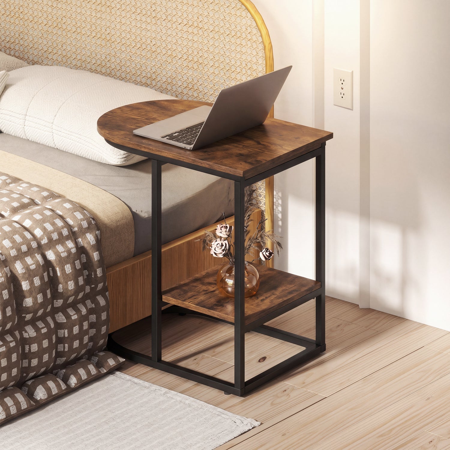 C-Shaped Sofa Side Table with Faux Marble Top & Storage Shelf