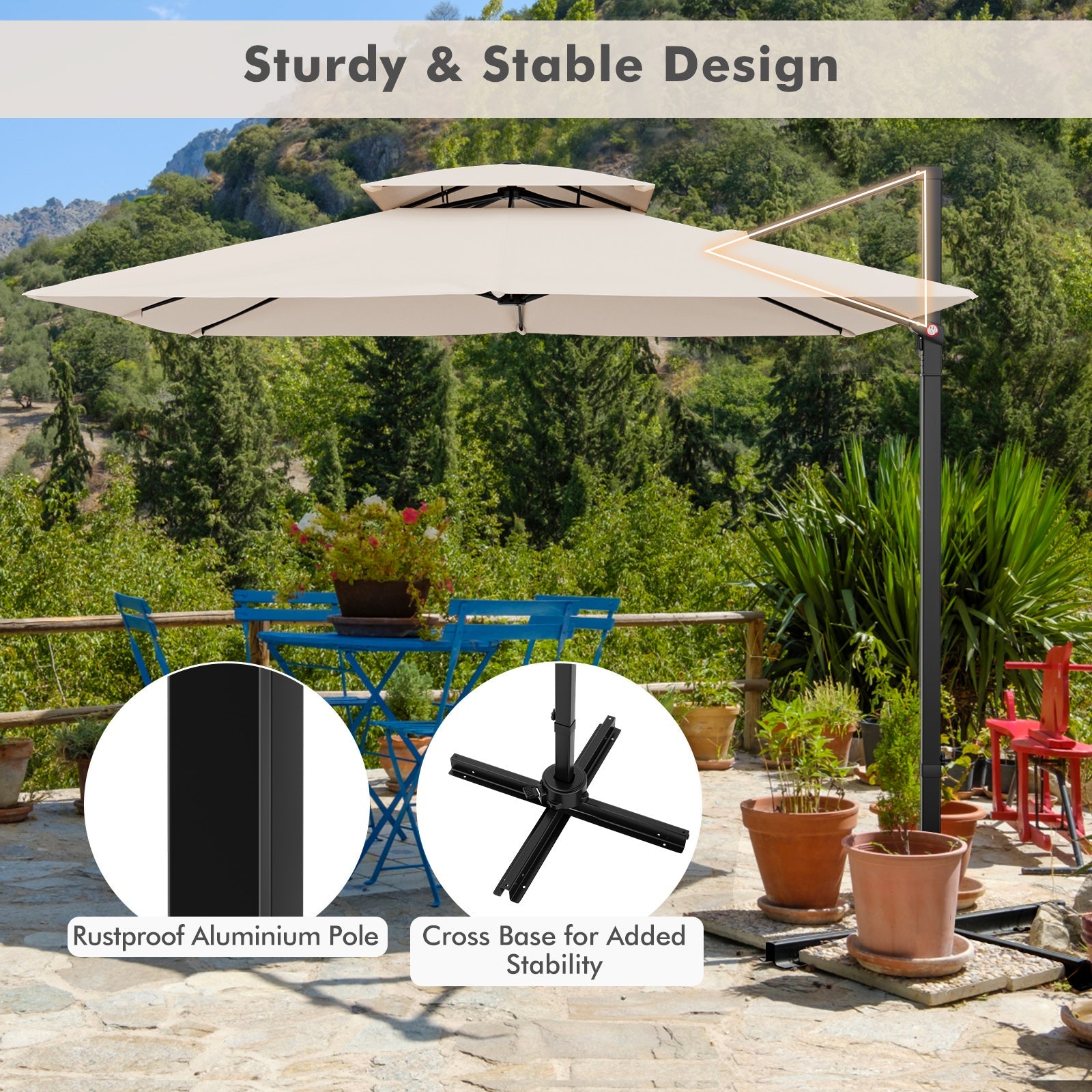 9.5 Feet Cantilever Patio Umbrella with 360° Rotation and Double Top-Beige