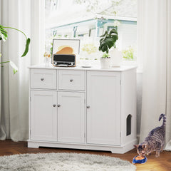 Cat Litter Box Enclosure with 2 Drawers and 3 Doors for Kittens and Adult Cats-White