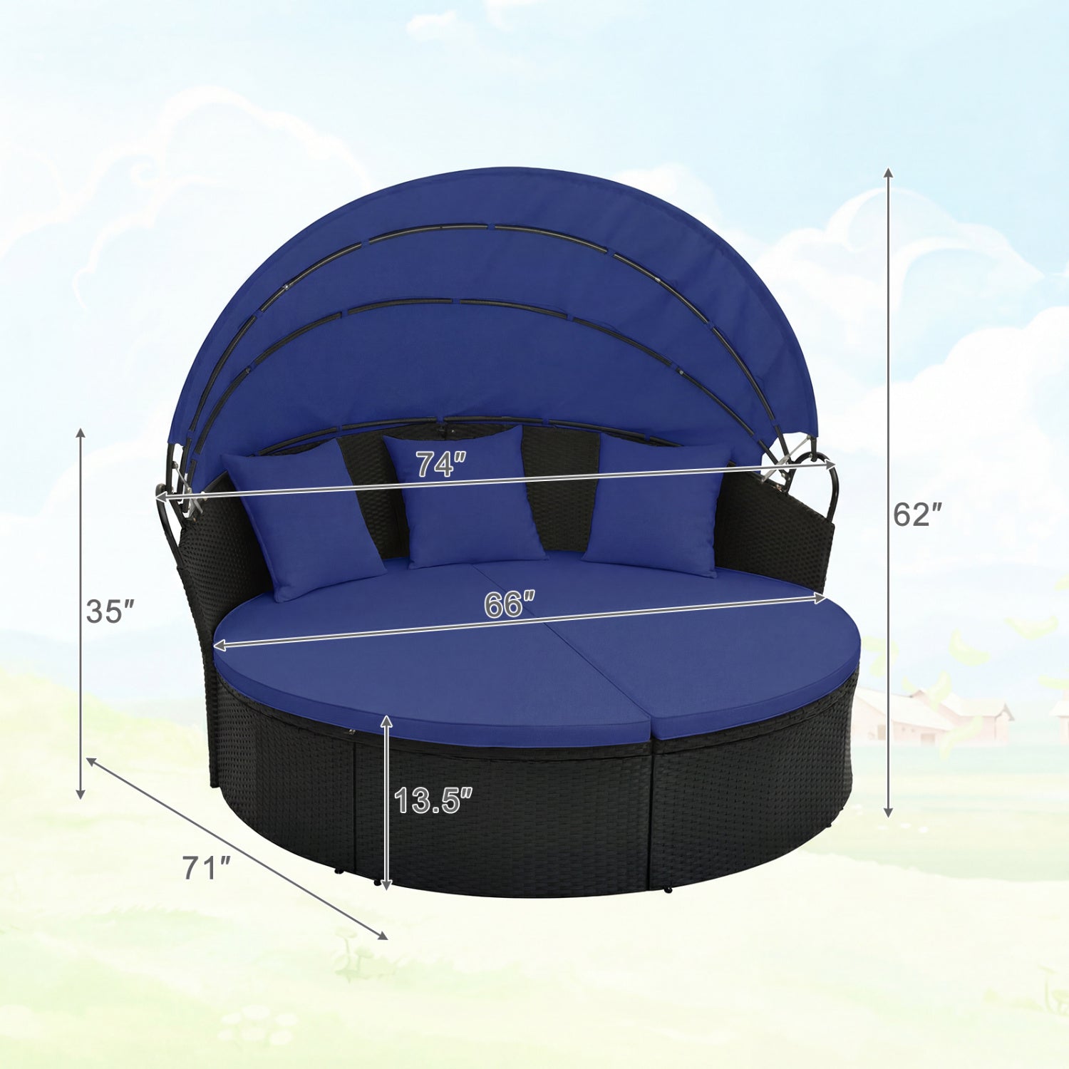 Round Patio Daybed with Retractable Canopy and Cushions