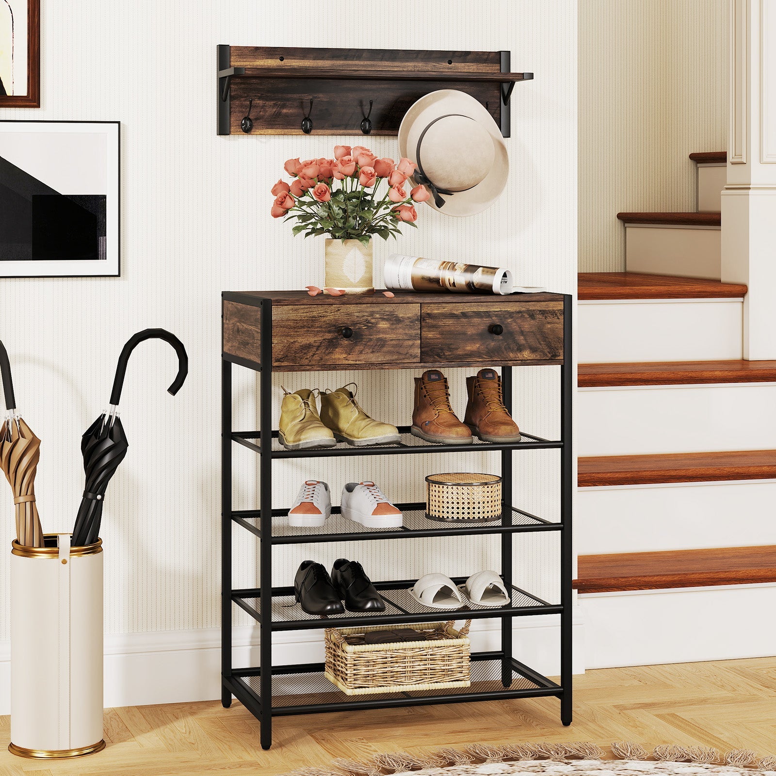 Coat Rack Shoe Stand Set 5-Tier Shoe Rack with Wall-Mounted Coat Hanger-Brown