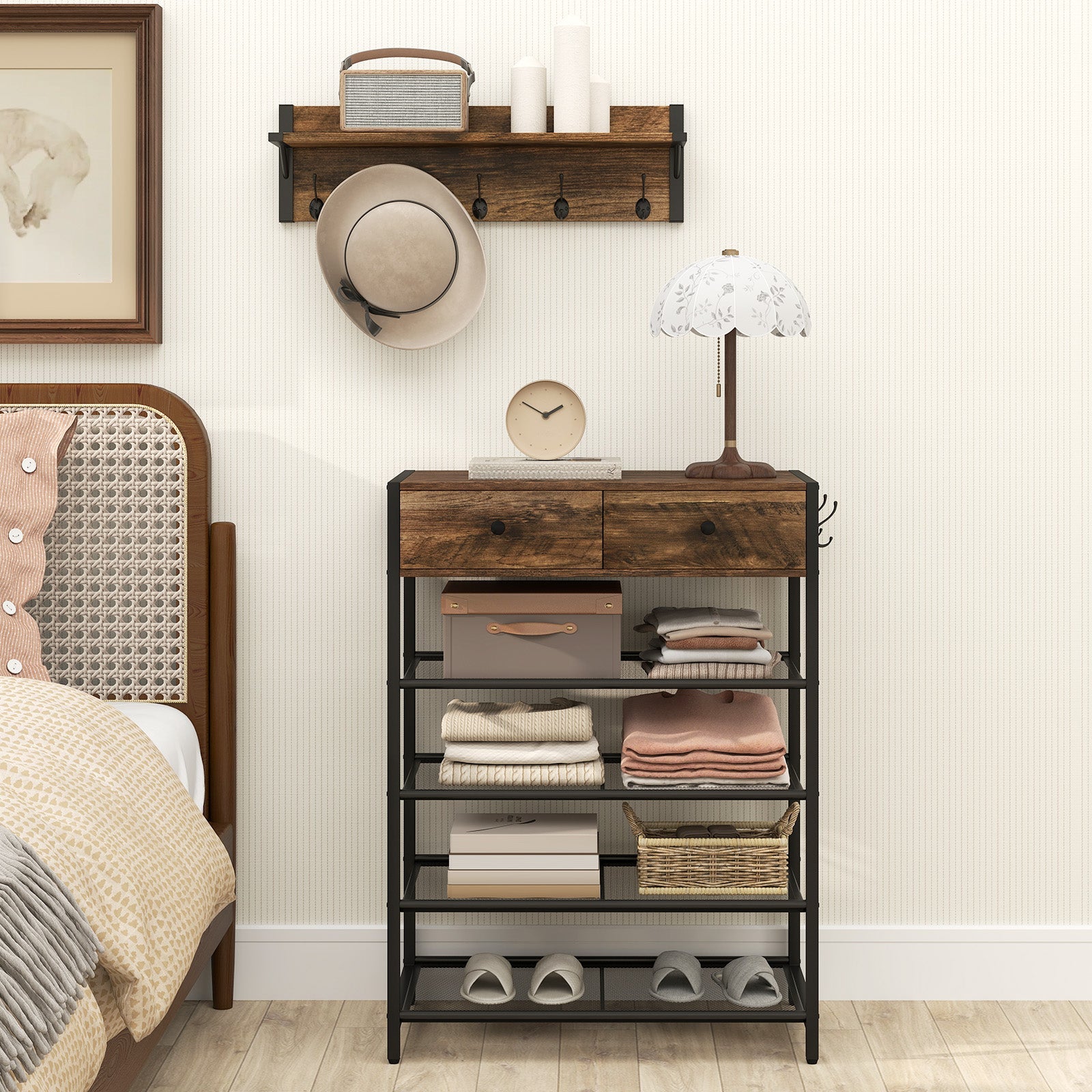 Coat Rack Shoe Stand Set 5-Tier Shoe Rack with Wall-Mounted Coat Hanger-Brown