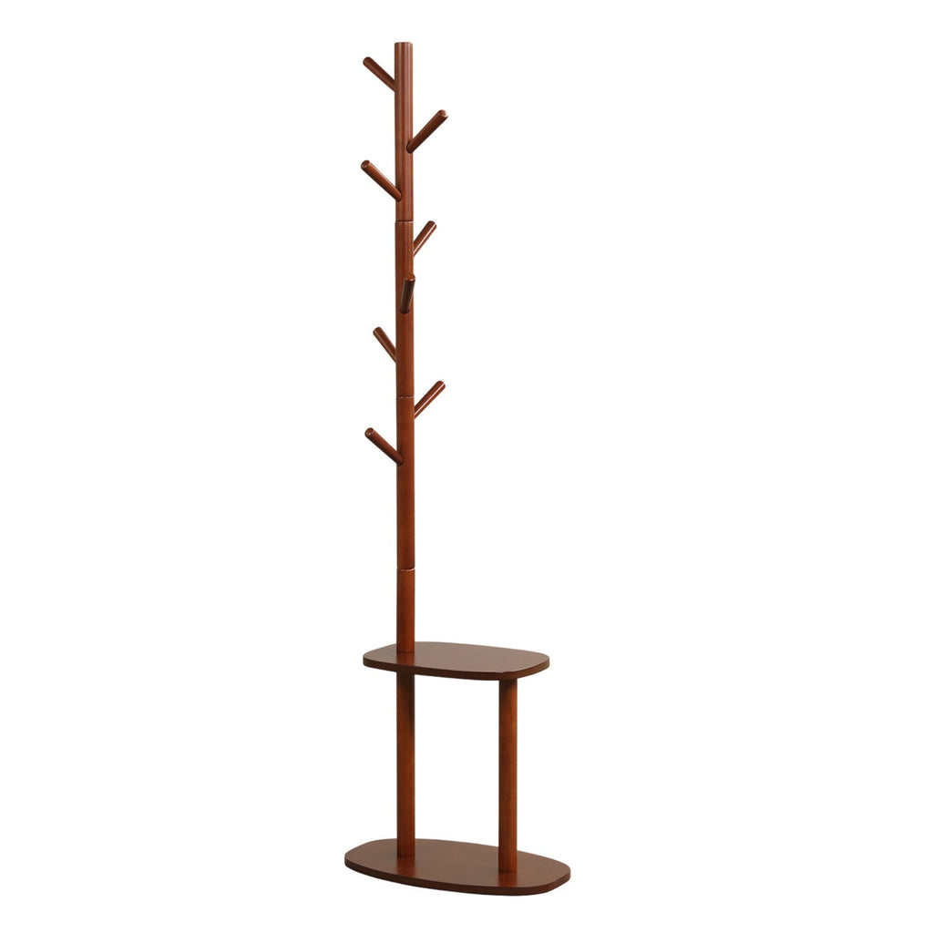 Coat Rack with 8 Hooks and 2 Shelves - Walnut Rubber Wood