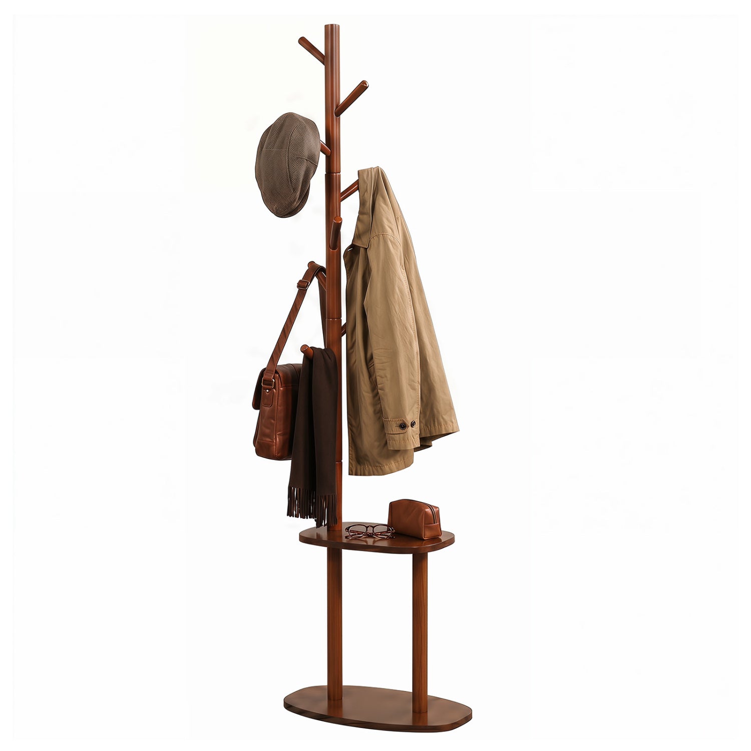 Coat Rack with 8 Hooks and 2 Shelves - Walnut Rubber Wood