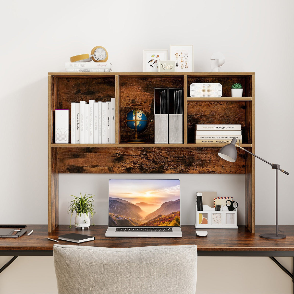Computer Desktop Bookcase with 4 Cubbies and Open Back Compartment-Coffee