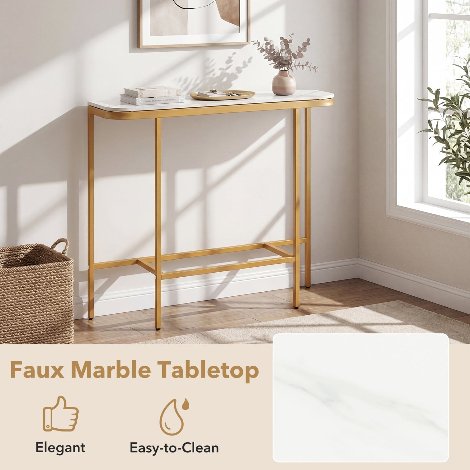 Console Table 44-Inch Entryway Table with Faux Marble Tabletop and Heavy-Duty Metal Frame