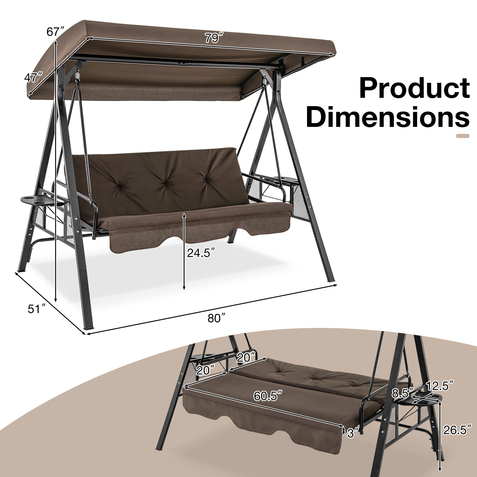 3-Seat Convertible Porch Swing with Adjustable Canopy
